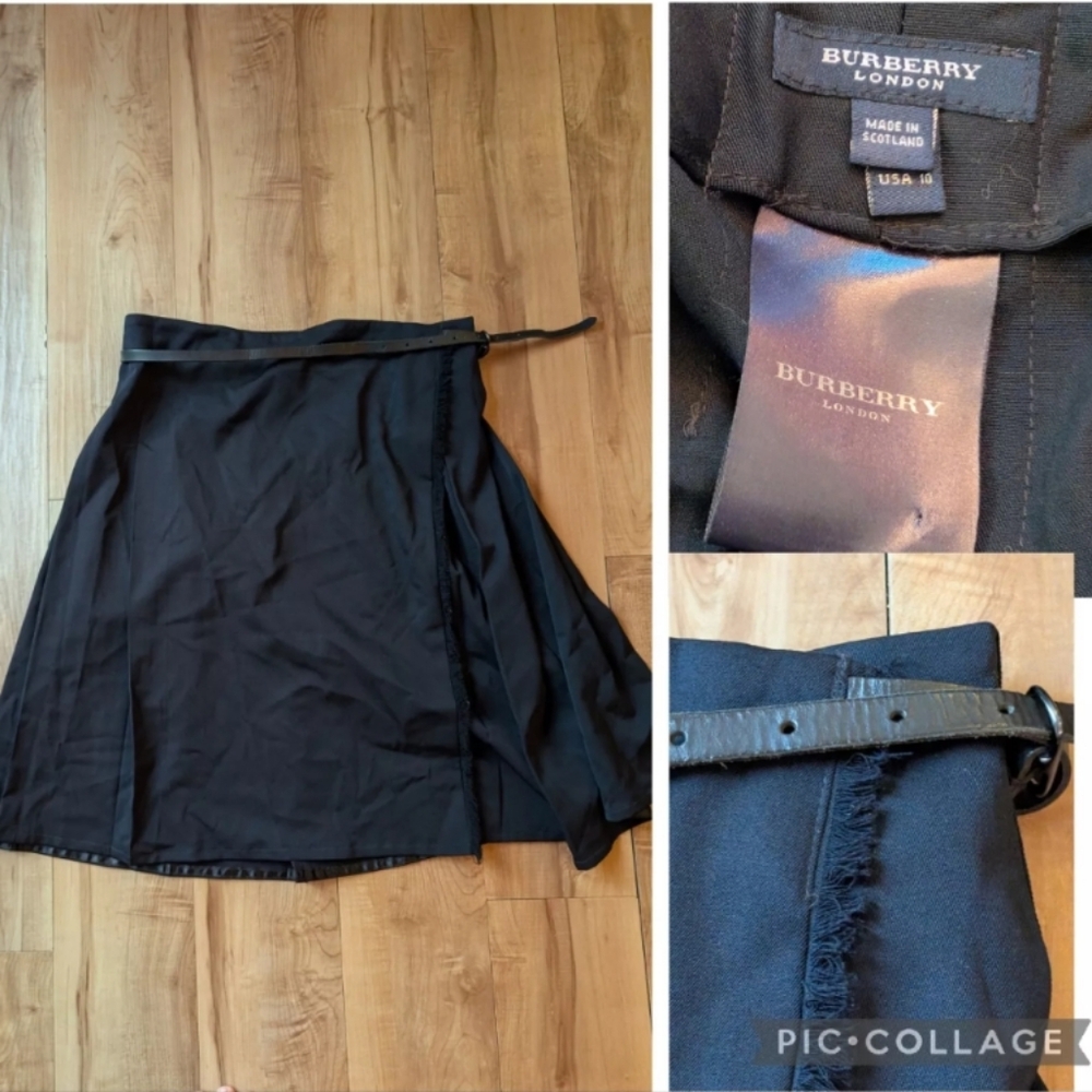 Burberry Belted Midi Kilt Skirt, Black Pleated Fringe Leather Belt, US 10/ UK 12